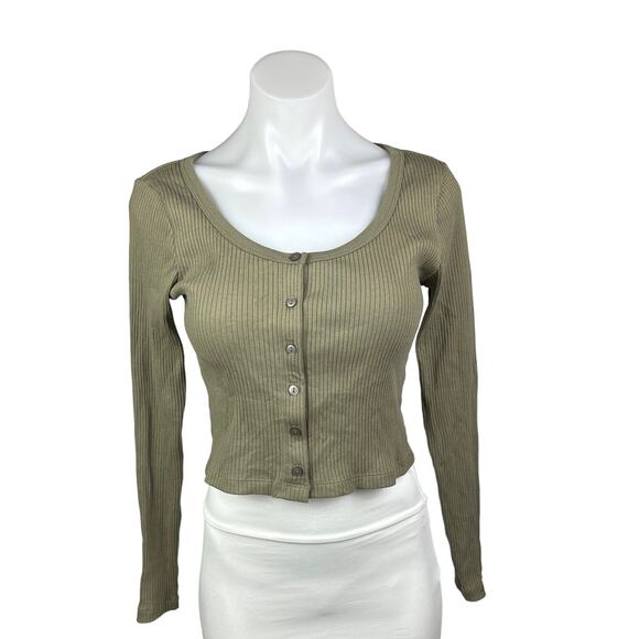 Uniqlo Women's Olive Green Ribbed  Button Up Cropped Top Sweater Cardigan Size S - Picture 1 of 7